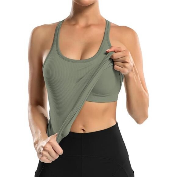 Ribbed Workout Tank Tops for Women with Built in Bra Tight Racerback Scoop Neck - Picture 3 of 7